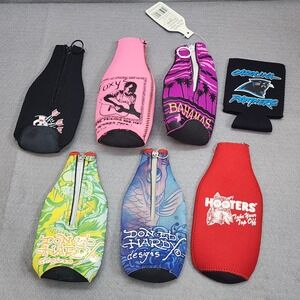 Mixed Koozie Lot Ed Hardy Hooters Carolina Panthers Bottle Sleeves 7pc lot